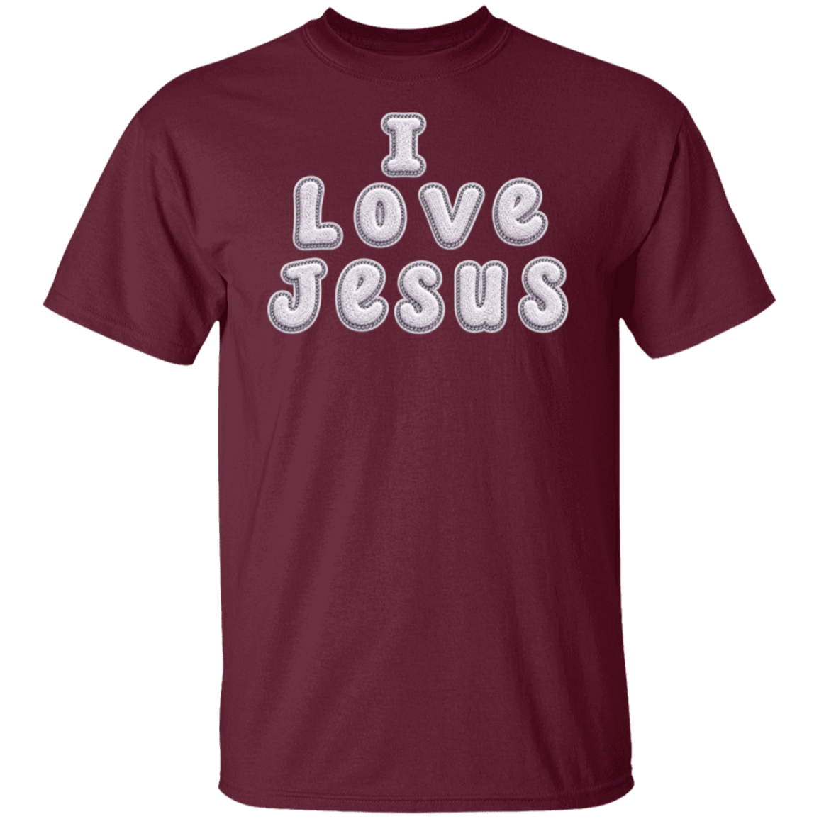 A maroon short-sleeve crewneck t-shirt featuring the text 'I Love Jesus' printed on the chest in a white bubble font with a gray shadow effect, displayed against a solid white background.