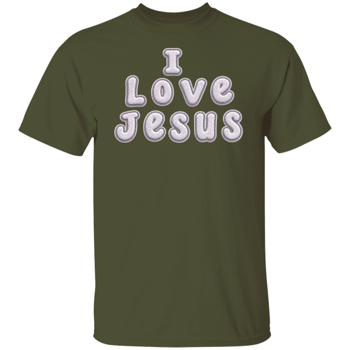 A military green short-sleeve crewneck t-shirt with a white graphic print on the front reading I LOVE JESUS