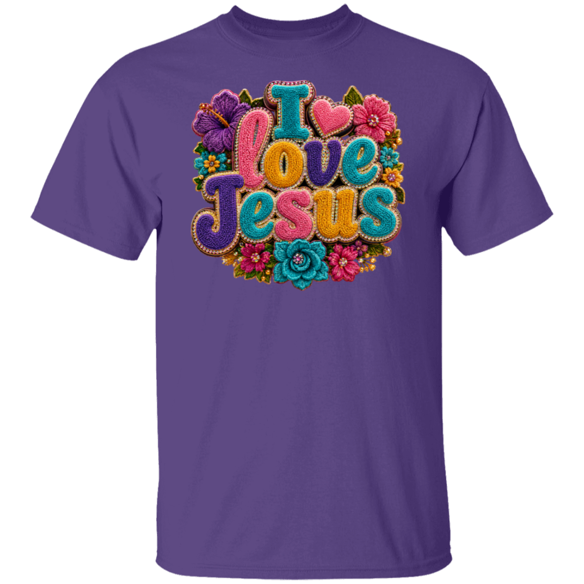 A purple color short-sleeve crewneck t-shirt featuring a colorful graphic on the chest that reads 'I love Jesus' in stylized, textured lettering surrounded by flowers.