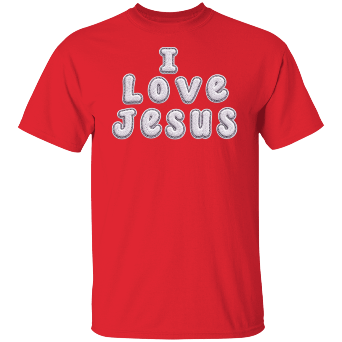 A Red color short-sleeve crewneck t-shirt with a white graphic print on the front reading I LOVE JESUS