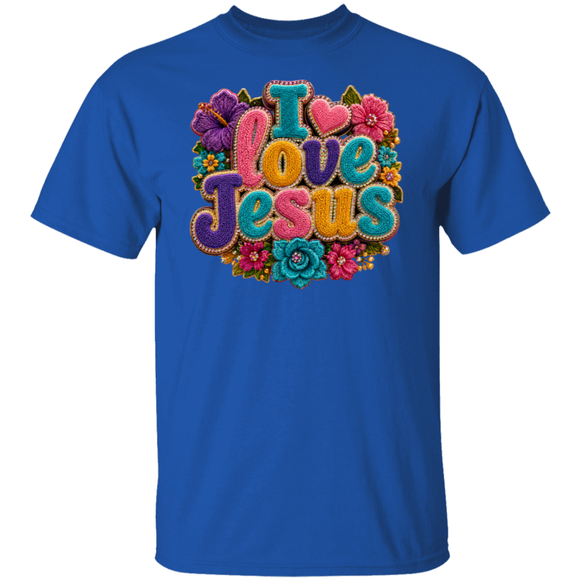 A royal blue color short-sleeve crewneck t-shirt featuring a colorful graphic on the chest that reads 'I love Jesus' in a 3D patchwork style with pink, purple, teal, and orange tones, surrounded by floral designs, shown on a plain white background.