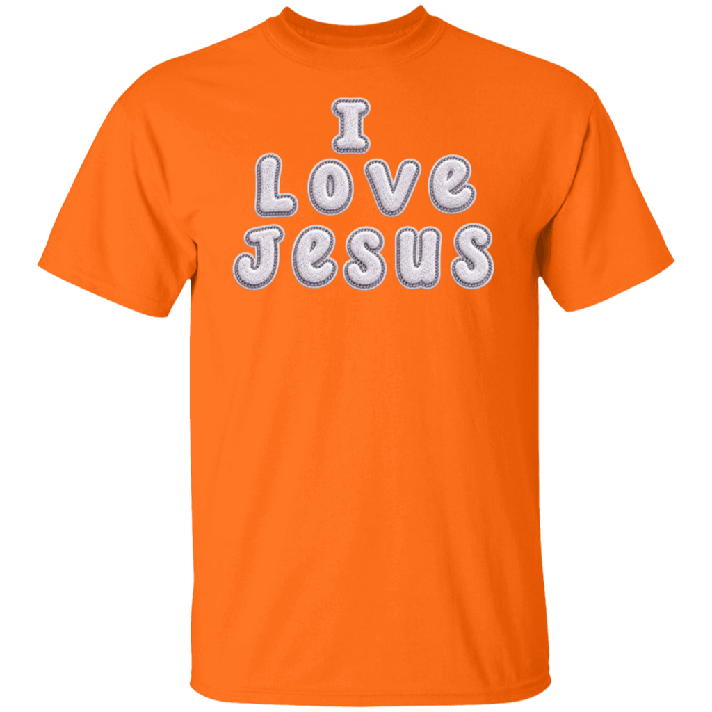 A safety orange color short-sleeve crewneck t-shirt featuring the text 'I Love Jesus' printed on the chest in a white bubble font with a gray textured fill.