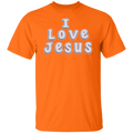 A safety orange color short-sleeve crewneck t-shirt featuring the text 'I Love Jesus' printed on the chest in a white bubble font with a gray textured fill.