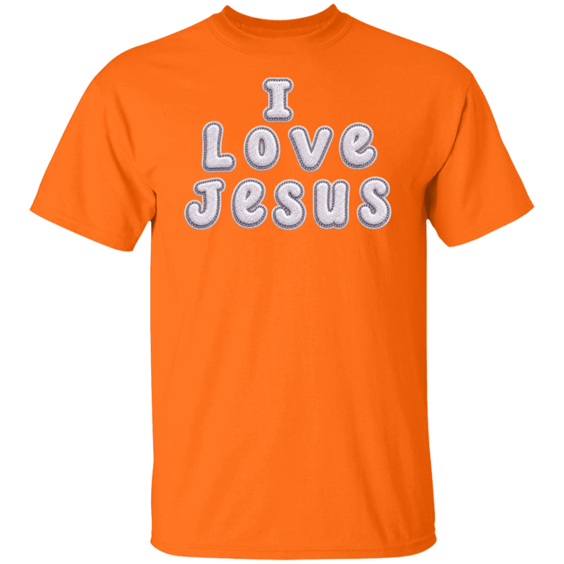 A safety orange color short-sleeve crewneck t-shirt featuring the text 'I Love Jesus' printed on the chest in a white bubble font with a gray textured fill.