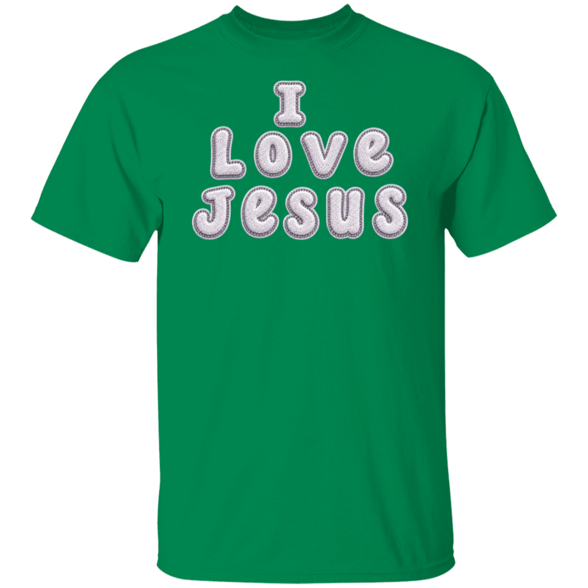 A turf green color short-sleeve crewneck t-shirt featuring the text 'I Love Jesus' printed on the chest in a white bubble font with a gray outline.