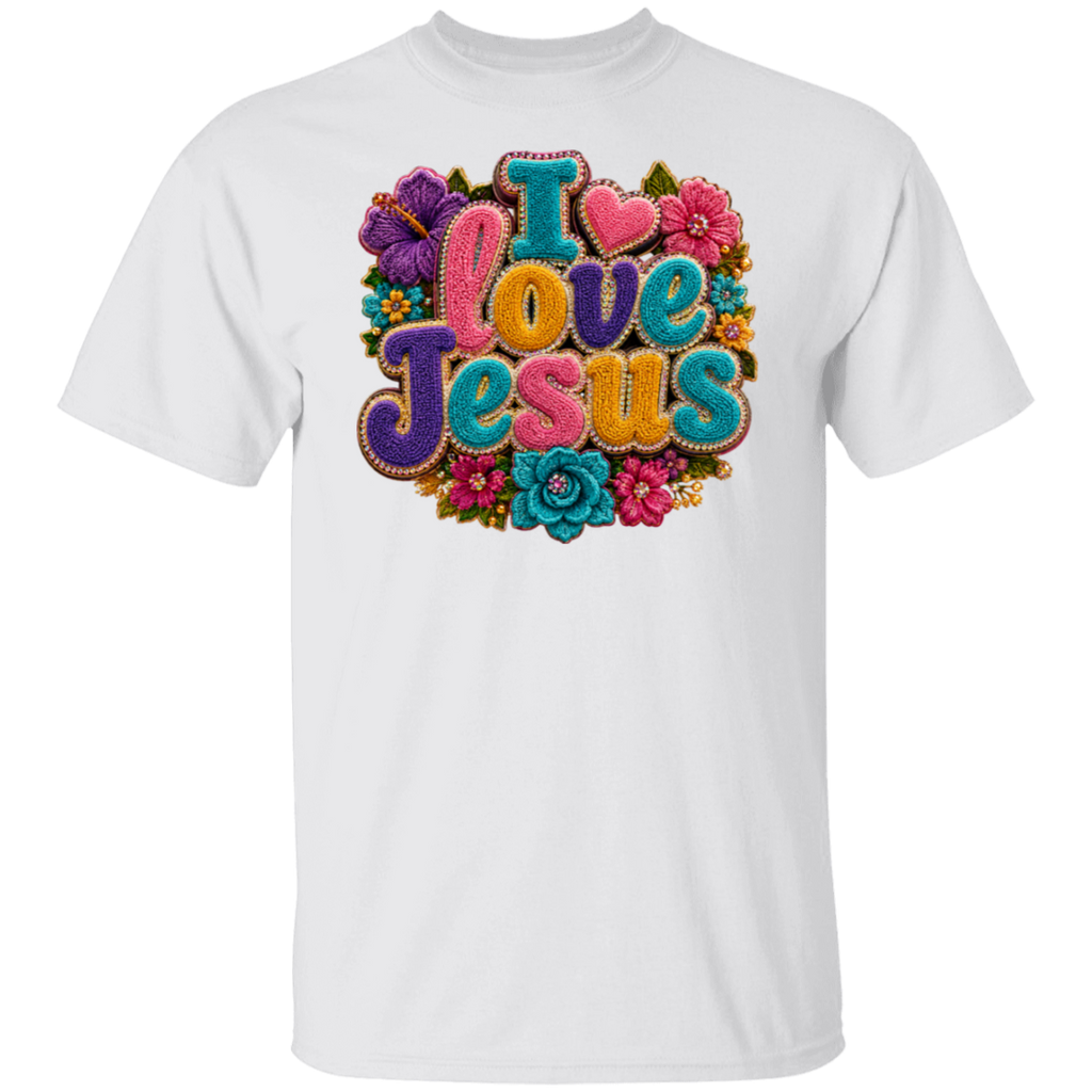 A white color short-sleeve crewneck t-shirt featuring a colorful graphic on the chest that reads 'I love Jesus' in stylized, textured lettering surrounded by flowers.