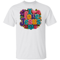 A white color short-sleeve crewneck t-shirt featuring a colorful graphic on the chest that reads 'I love Jesus' in stylized, textured lettering surrounded by flowers.