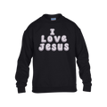 A black color crewneck sweatshirt with the text 'I Love Jesus' printed in a white bubble font with a gray shadow on the front, displayed against a plain white background.