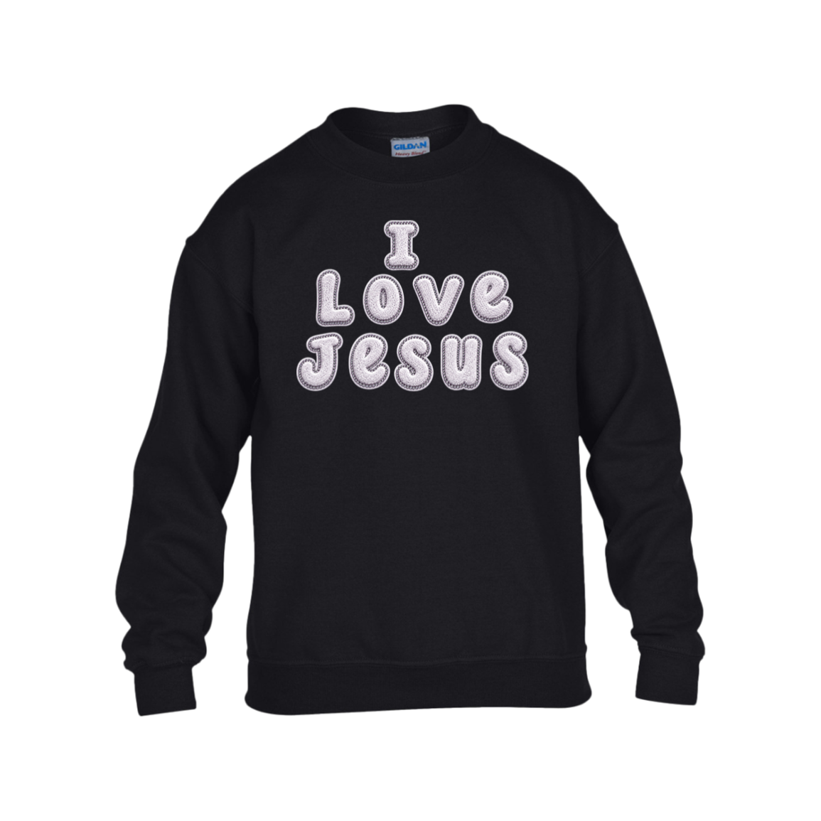 A black color crewneck sweatshirt with the text 'I Love Jesus' printed in a white bubble font with a gray shadow on the front, displayed against a plain white background.