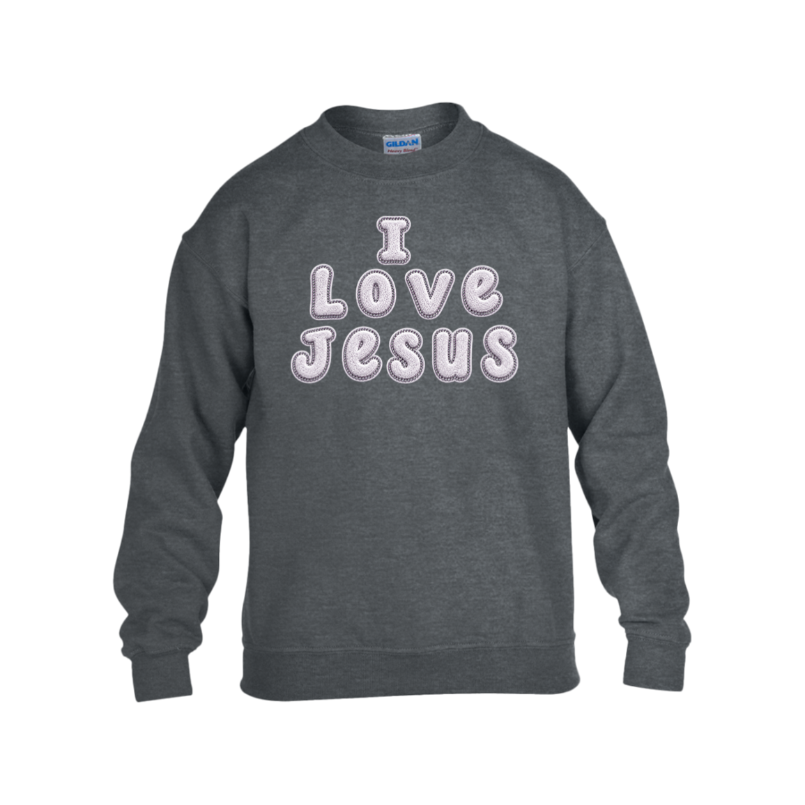 A dark heather gray crewneck sweatshirt featuring the text 'I Love Jesus' printed on the chest in white bubble letters with a light pink outline.