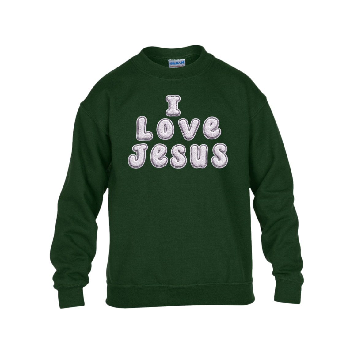 A forest green color crewneck sweatshirt with the phrase 'I Love Jesus' printed across the chest in white bubble letters with a light pink outline.