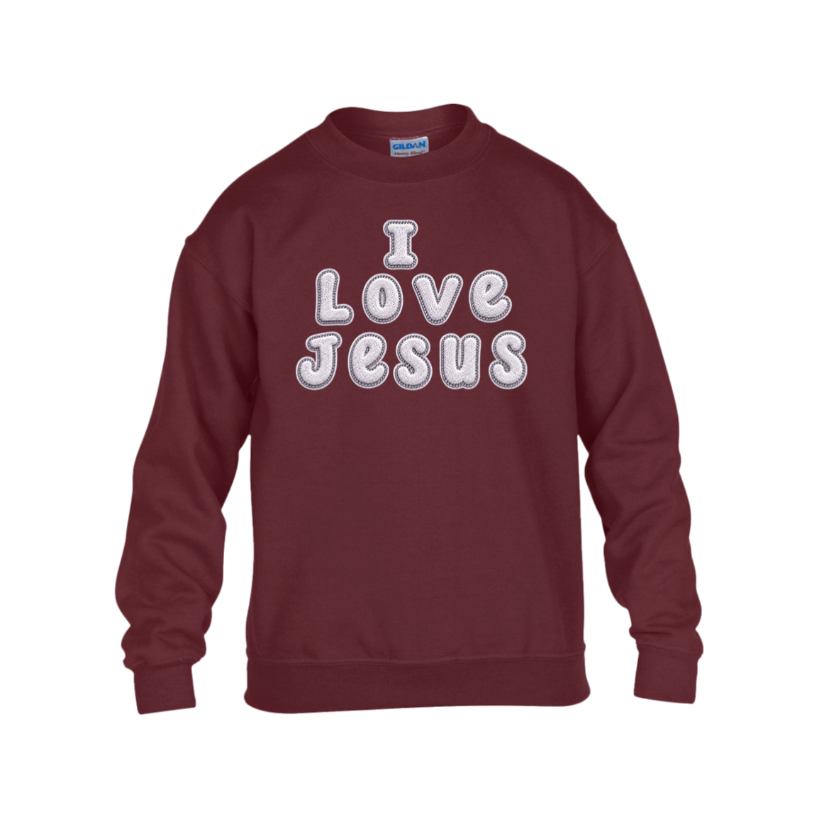 A maroon color crewneck sweatshirt featuring the text 'I Love Jesus' printed in white bubble letters with a gray outline across the chest, displayed on a solid white background.