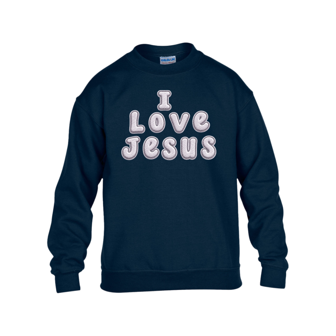 A navy-blue color crewneck sweatshirt featuring the text 'I Love Jesus' printed on the chest in white bubble letters with a light pink outline, shown against a plain white background.