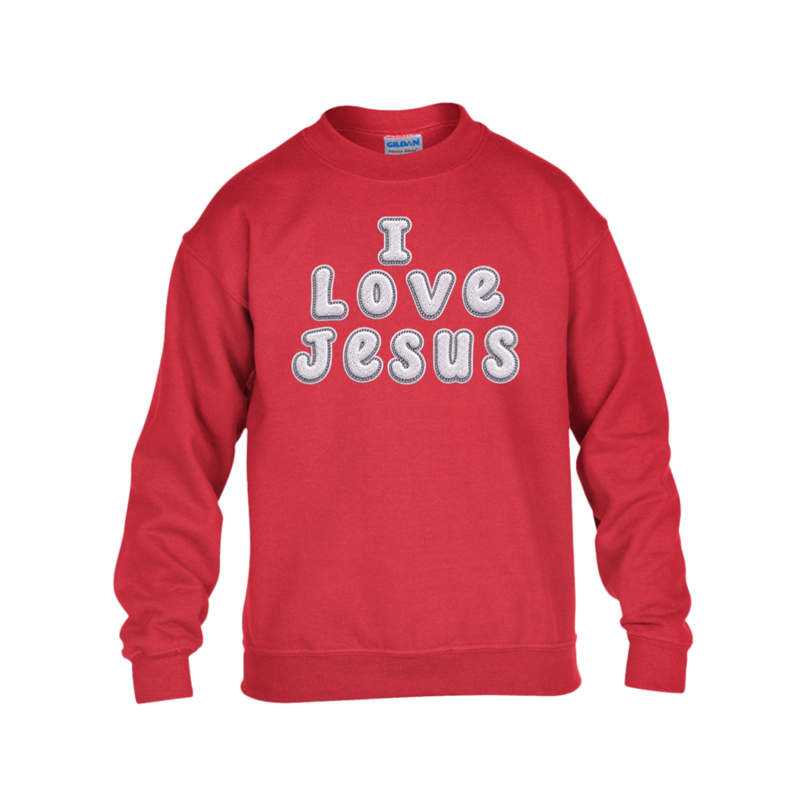 A red color crewneck sweatshirt featuring the text 'I Love Jesus' in a white bubble font with a gray outline across the chest, displayed on a solid white background.