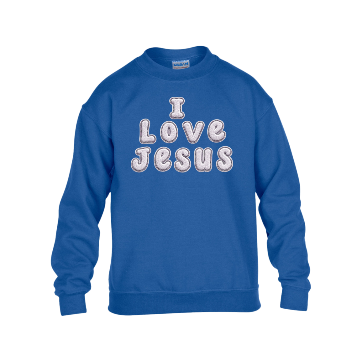 A royal blue crewneck sweatshirt featuring the text 'I Love Jesus' printed on the chest in white bubble letters with a light blue outline, shown against a plain white background.