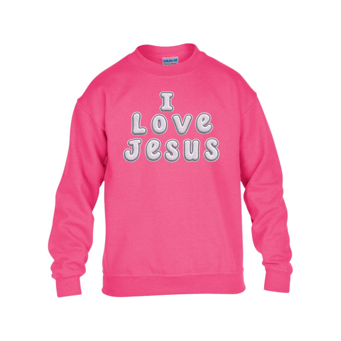 A safety pink crewneck sweatshirt featuring the text 'I Love Jesus' printed across the chest in white bubble letters with a gray outline.