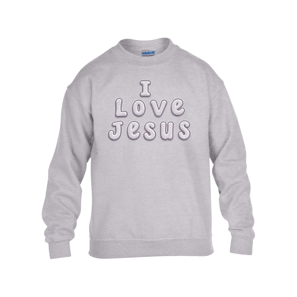 A white color crewneck sweatshirt featuring the text 'I Love Jesus' printed on the chest in white bubble letters with a light blue outline, shown against a plain white background.
