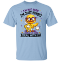 A light blue crewneck t-shirt featuring a cartoon graphic of a yellow bird wearing glasses and a flower, with the text 'I'M NOT RUDE I'M JUST HONEST' and 'I SPEAK MY MIND DEAL WITH IT'.