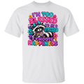 A white color short-sleeve crewneck t-shirt featuring a colorful graphic print of a raccoon surrounded by flowers and bold text that reads 'I'M TOO BLESSED TO BE STRESSED I CHOOSE HAPPINESS'.