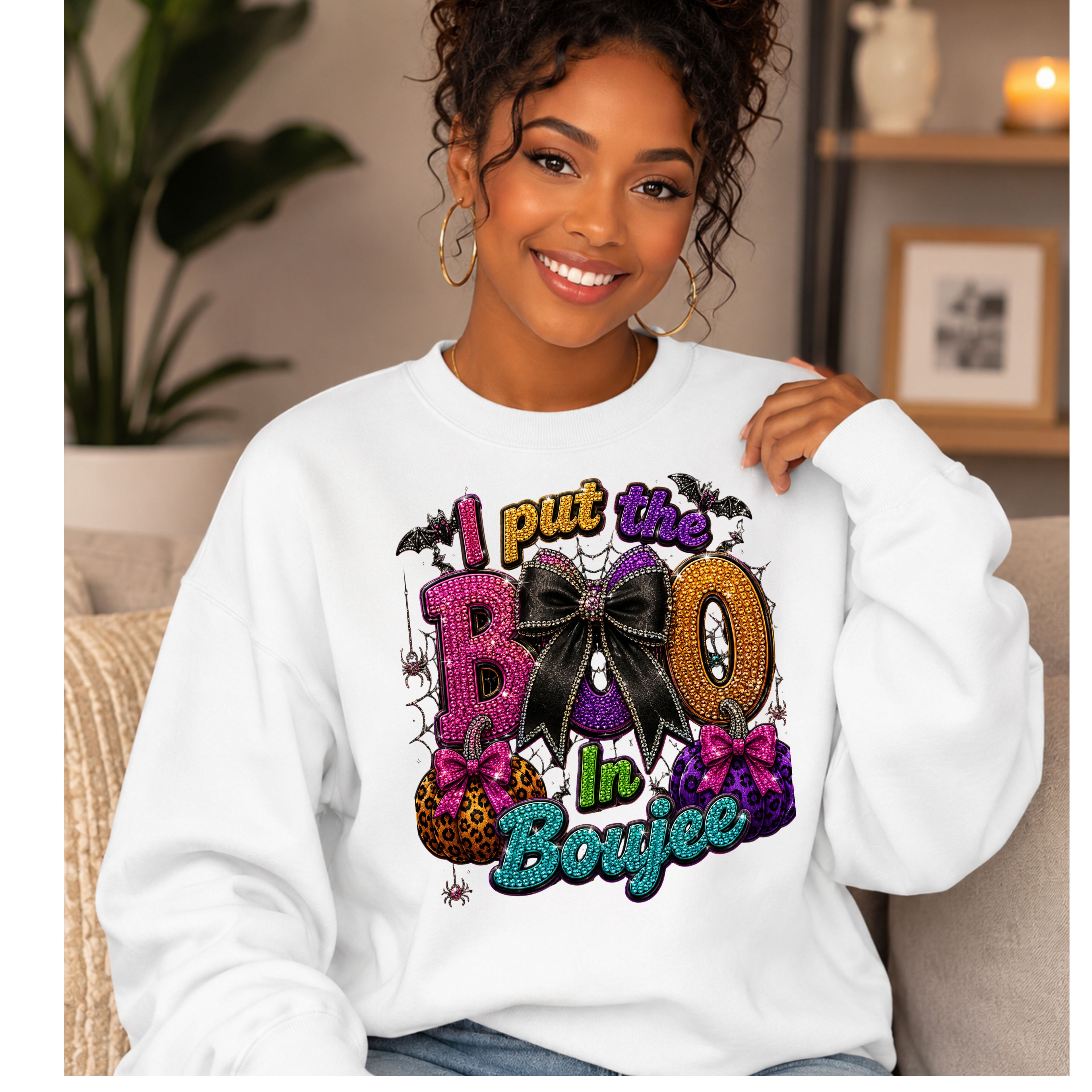 A woman wearing a white crewneck sweatshirt with a colorful graphic that reads 'I put the BOO In Boujee' decorated with Halloween motifs like bats, spiders, pumpkins, and a large bow.