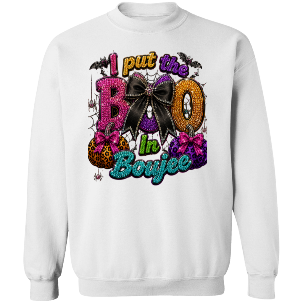 A white crewneck sweatshirt featuring a colorful Halloween-themed graphic print on the front that reads 'I put the BOO in Boujee' with pumpkins, bows, bats, and spider details.