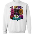 A white crewneck sweatshirt featuring a colorful Halloween-themed graphic print on the front that reads 'I put the BOO in Boujee' with pumpkins, bows, bats, and spider details.