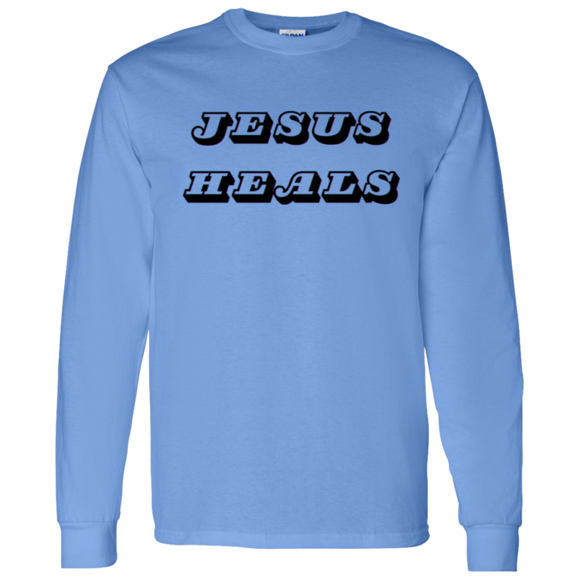A Carolina blue long-sleeve t-shirt with the words 'JESUS HEALS' printed across the chest in a black and white stylized font, displayed on a solid white background.