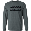A dark heather gray long-sleeve t-shirt with the words 'JESUS HEALS' printed across the chest in a black stylized font with a white outline.