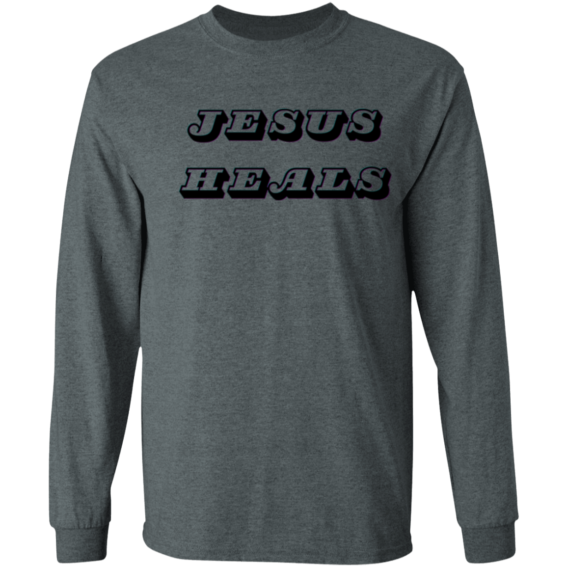 A dark heather gray long-sleeve t-shirt with the words 'JESUS HEALS' printed across the chest in a black stylized font with a white outline.