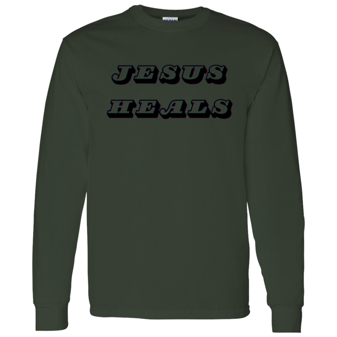 A forest green long-sleeve t-shirt with the words 'JESUS HEALS' printed across the chest in a black stylized font with a white outline.