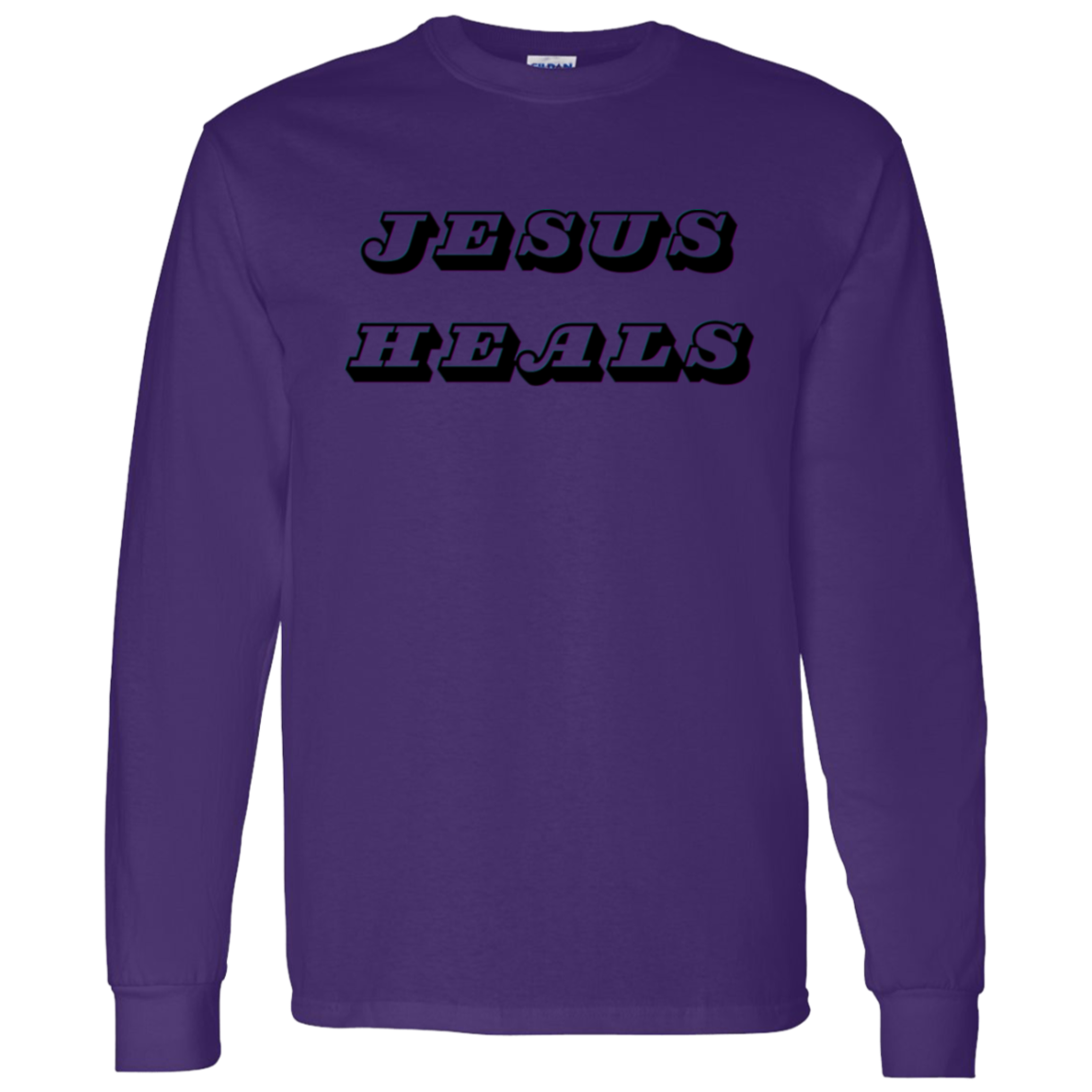 A purple long-sleeve crewneck t-shirt with the words 'JESUS HEALS' printed in a black stylized font across the chest, shown on a plain white background.