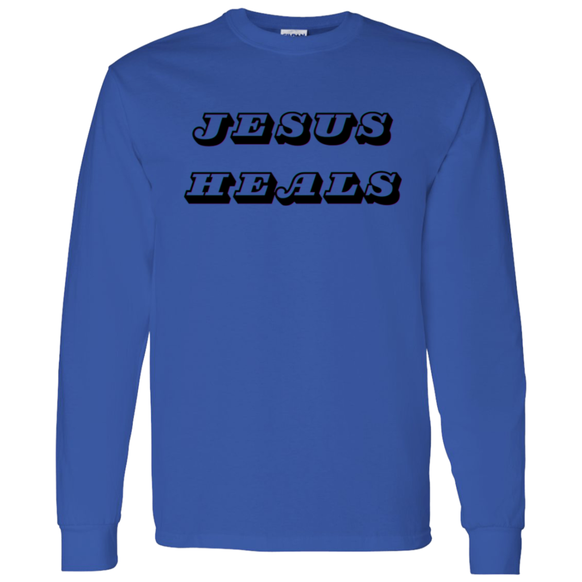 A royal blue long-sleeve crewneck t-shirt with the words 'JESUS HEALS' printed across the chest in a black stylized font with a white outline.