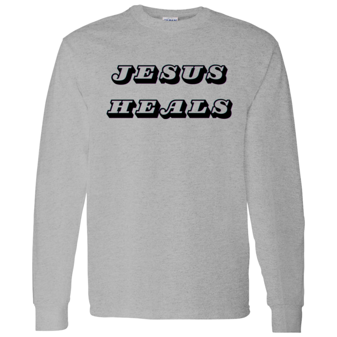 A sport grey long-sleeve crewneck sweatshirt featuring the words 'JESUS HEALS' printed across the chest in a black stylized font with a white outline.