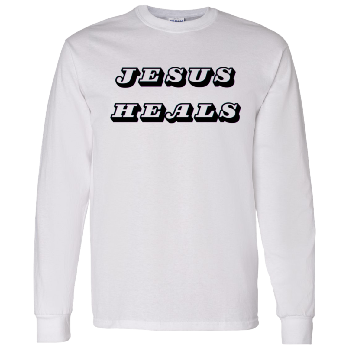 A white long-sleeve t-shirt with the words 'JESUS HEALS' printed across the chest in a black stylized font with a white outline.