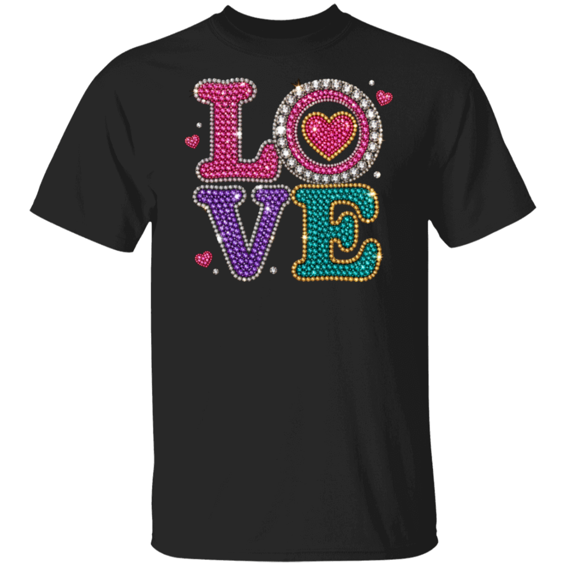 A black short-sleeve crewneck t-shirt featuring a large, colorful rhinestone-style 'LOVE' graphic on the chest. The letters are individually colored in pink, purple, and teal, with sparkling rhinestone hearts and decorative accents.