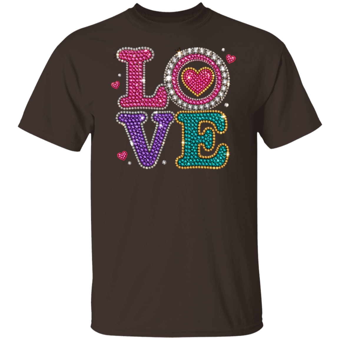 A dark chocolate short-sleeve crewneck t-shirt featuring a large, colorful rhinestone-style 'LOVE' graphic on the chest. The letters are individually colored in pink, purple, and teal, with sparkling silver and pink details.