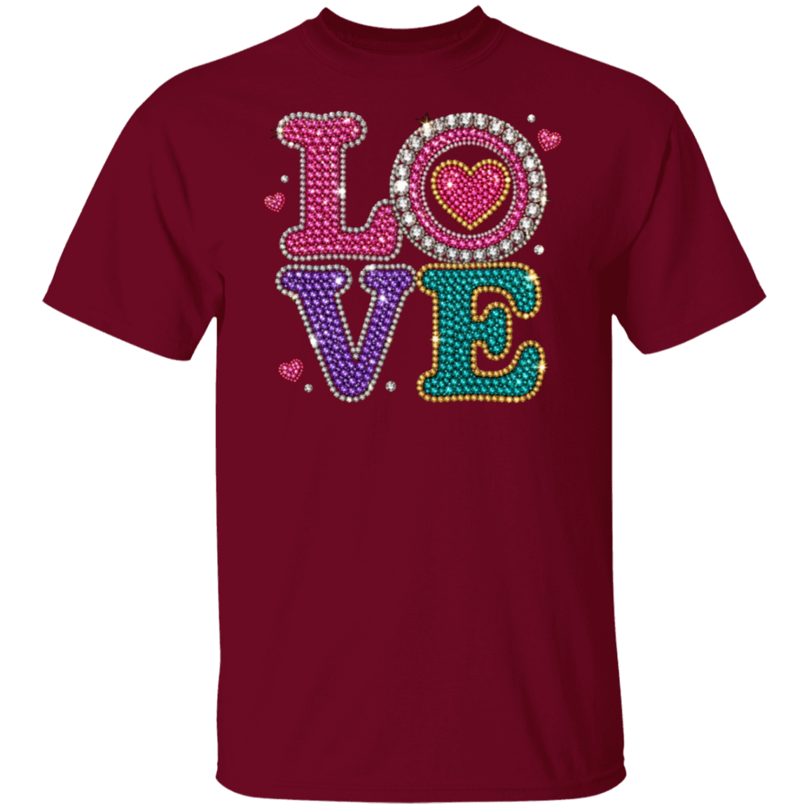 A garnet short-sleeve crewneck t-shirt featuring a large, colorful rhinestone-style 'LOVE' graphic on the chest, displayed against a solid white background.