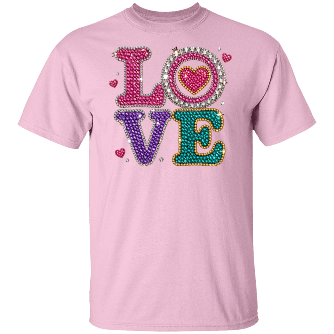A light pink short-sleeve crewneck t-shirt featuring a large, colorful rhinestone-style 'LOVE' graphic on the front. The letters are decorated with pink, purple, and teal rhinestones, accented by small pink hearts and a sparkling circular 'O'.