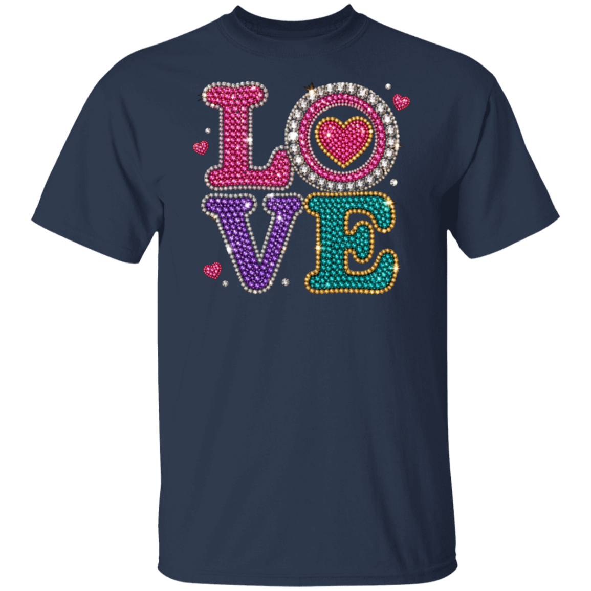 A navy blue short-sleeve crewneck t-shirt featuring a large, colorful rhinestone-style 'LOVE' graphic on the chest. The letters are individually colored in pink, purple, and teal, with a sparkling heart design in the center of the 'O'.