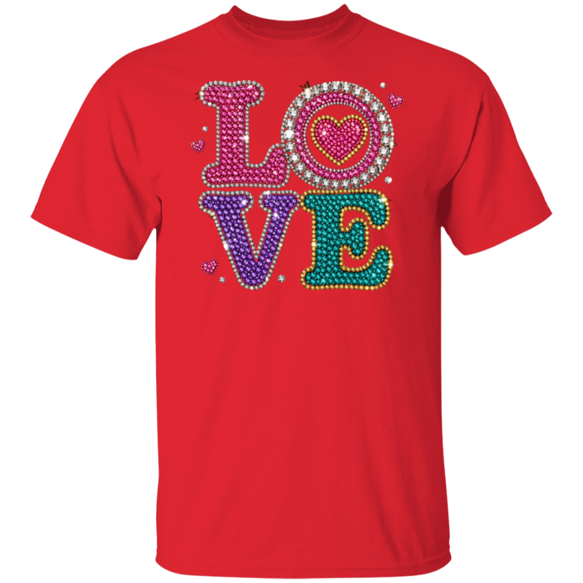 A red short-sleeve crewneck t-shirt featuring a large, colorful rhinestone-style 'LOVE' graphic on the chest. The letters are individually colored in pink, purple, and green, with a sparkling heart design inside the letter 'O'.
