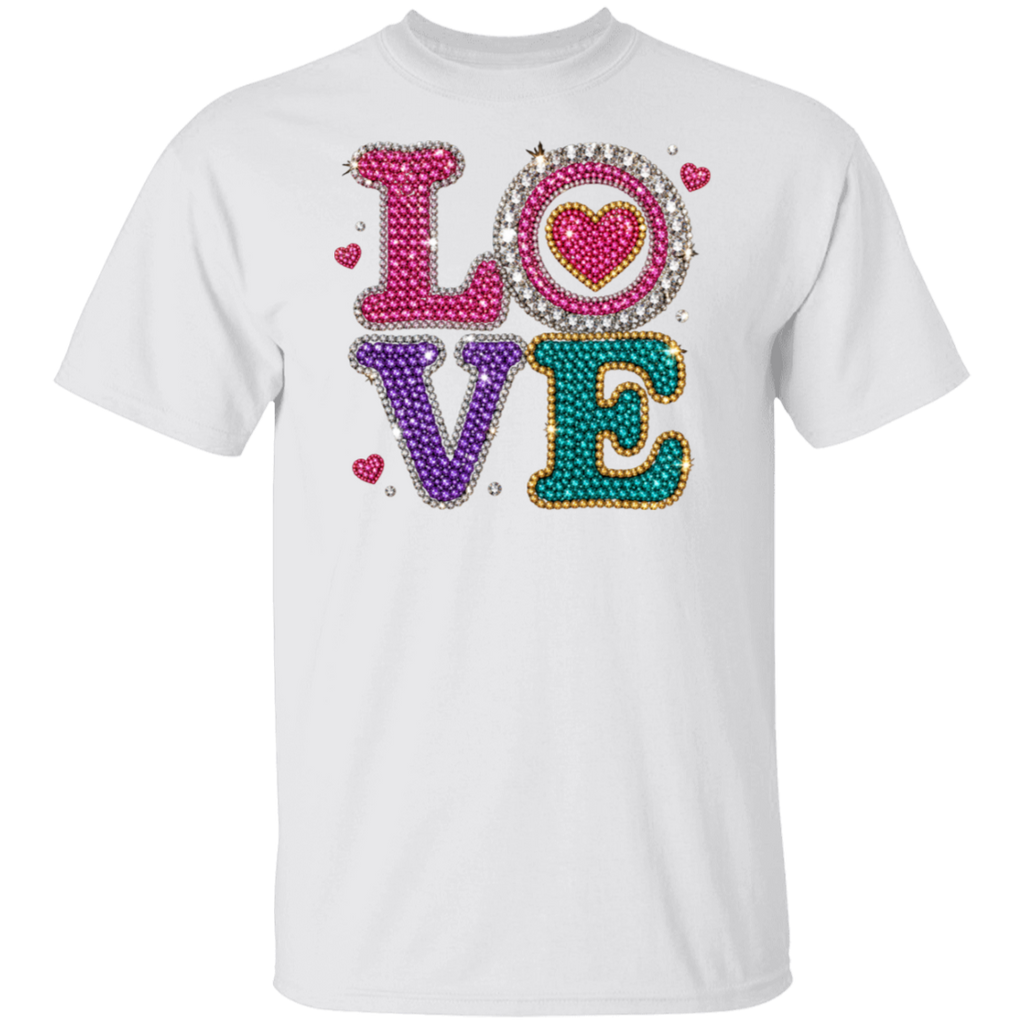 A white short-sleeve crewneck t-shirt featuring a large 'LOVE' graphic on the chest, where each letter is embellished with rhinestones in vibrant colors (pink, purple, teal, and silver).
