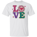 A white short-sleeve crewneck t-shirt featuring a large 'LOVE' graphic on the chest, where each letter is embellished with rhinestones in vibrant colors (pink, purple, teal, and silver).