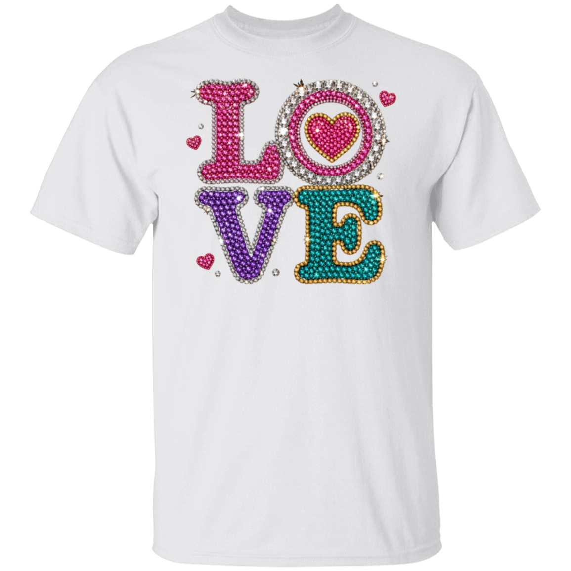 A white short-sleeve crewneck t-shirt featuring a large 'LOVE' graphic on the chest, where each letter is embellished with rhinestones in vibrant colors (pink, purple, teal, and silver).