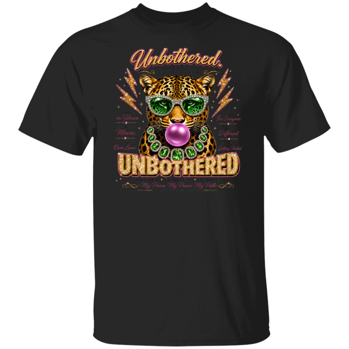 A black short-sleeve crewneck t-shirt featuring a colorful graphic print of a leopard wearing green sunglasses and a purple bubblegum bubble, with the text 'Unbothered. UNBOthered' in gold and brown lettering.