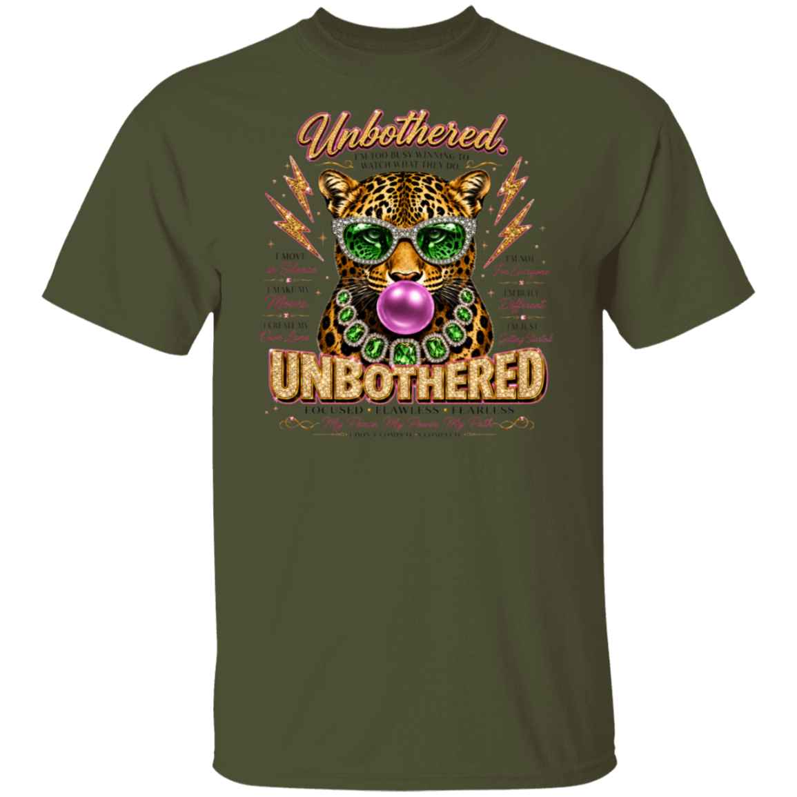 An olive green short-sleeve t-shirt with a graphic of a leopard wearing green sunglasses and a purple bubblegum bubble, with the text 'Unbothered. UNBOthered' in gold and brown.