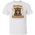 A white short-sleeve crewneck t-shirt featuring a colorful graphic print of a leopard wearing green sunglasses and a green beaded necklace, blowing a pink bubblegum bubble. The graphic includes the words 'Unbothered' and 'UNBOthered' in stylized fonts, surrounded by motivational text.