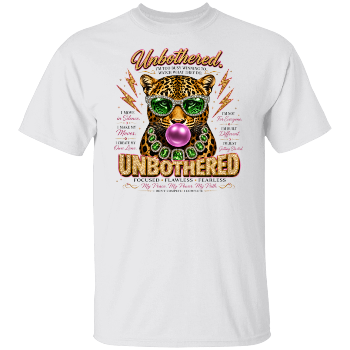 A white short-sleeve crewneck t-shirt featuring a colorful graphic print of a leopard wearing green sunglasses and a green beaded necklace, blowing a pink bubblegum bubble. The graphic includes the words 'Unbothered' and 'UNBOthered' in stylized fonts, surrounded by motivational text.