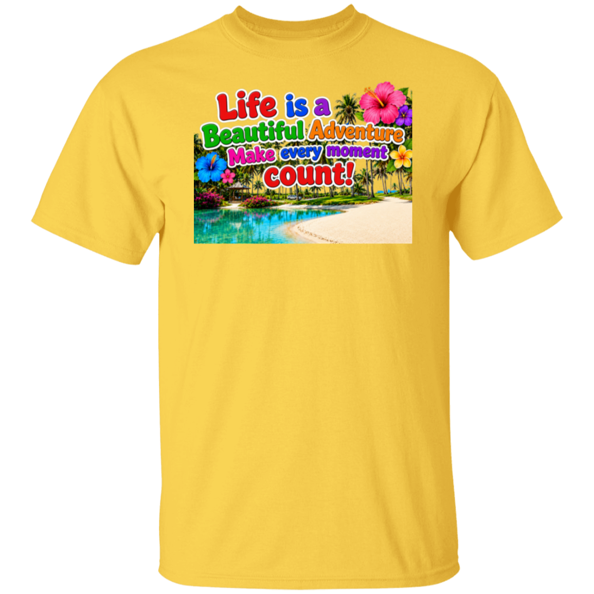 A daisy color short-sleeve crewneck t-shirt featuring a colorful graphic print on the chest with tropical beach scenery and the text 'Life is a Beautiful Adventure Make every moment count!'.