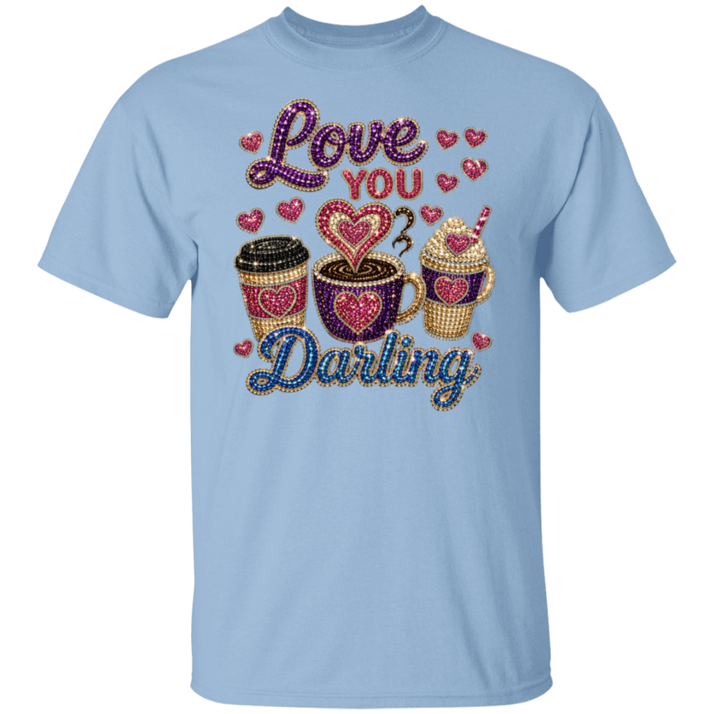 A light blue short-sleeve t-shirt with a rhinestone-style graphic on the front that reads 'Love You Darling' in pink and blue lettering, surrounded by small hearts and three decorated coffee cups.