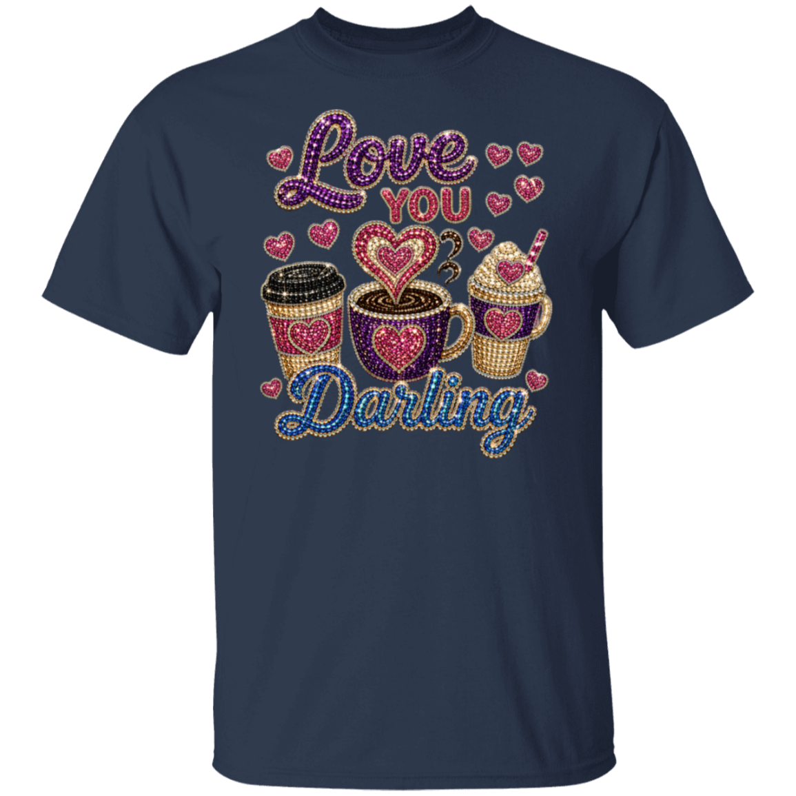 A navy blue short-sleeve t-shirt with a rhinestone-style graphic on the front that reads 'Love You Darling' above three coffee cups and hearts.